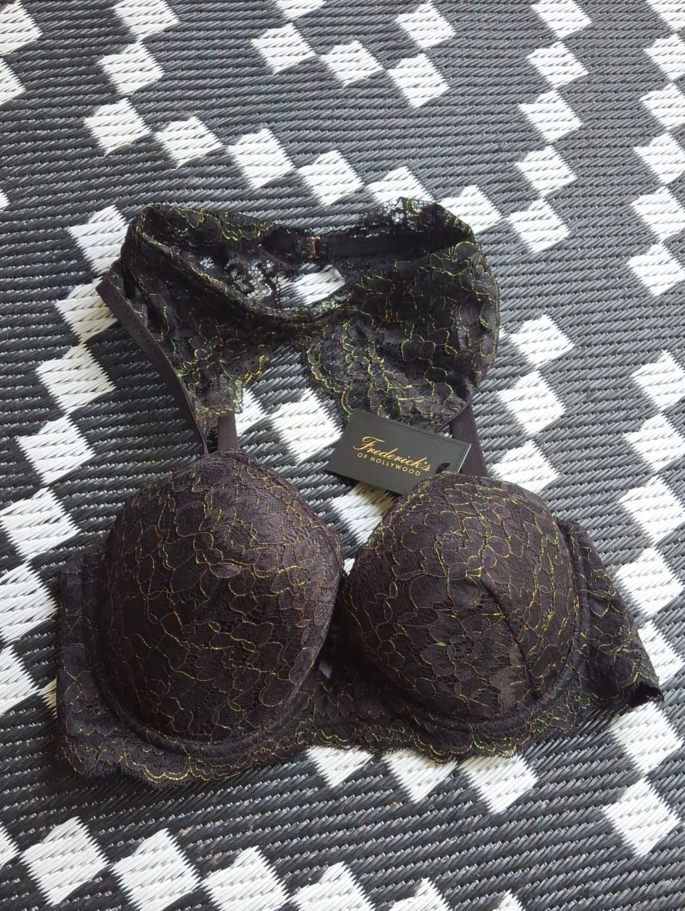 Frederick's of Hollywood Black Lace Push-Up Bra with Gold Threading